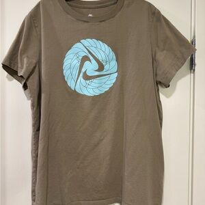 Women Nike Brown Tee with Light Blue Swirl Logo